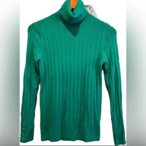 Talbots Wide Ribbed Turtleneck ButtonCuff Stretch Sweater KELLY GREEN Women’s XS